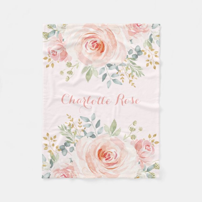 Feminine Watercolor Blush Roses Baby Girl Nursery Fleece Blanket (Front)