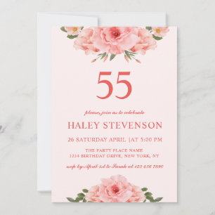 Feminine Watercolor Coral Chic Floral 55 Birthday Invitation