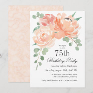 Feminine Watercolor Floral 75th Birthday Party Invitation