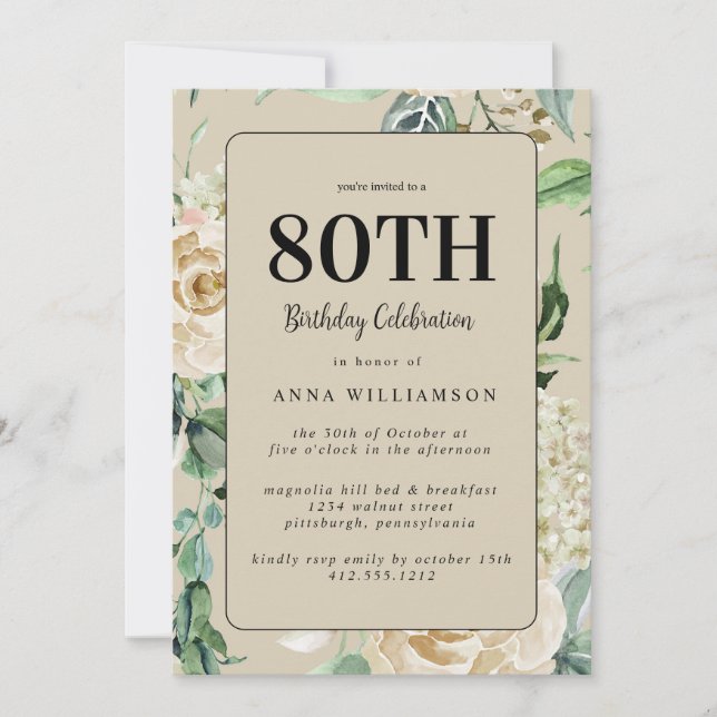 Feminine Watercolor Floral 80th Birthday Party  Invitation (Front)