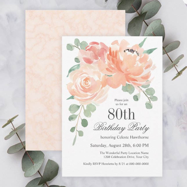 Feminine Watercolor Floral 80th Birthday Party Invitation (Creator Uploaded)