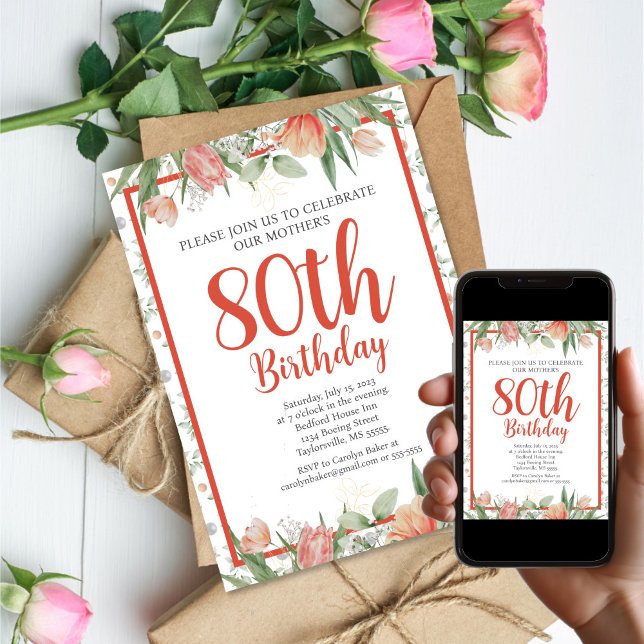 Feminine Watercolor Floral 80th Birthday Party Invitation (Feminine Watercolor Floral 80th Birthday Party Invitation
)