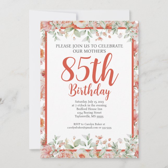 Feminine Watercolor Floral 85th Birthday Party Invitation (Front)