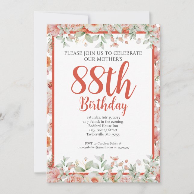 Feminine Watercolor Floral 88th Birthday Party Invitation (Front)