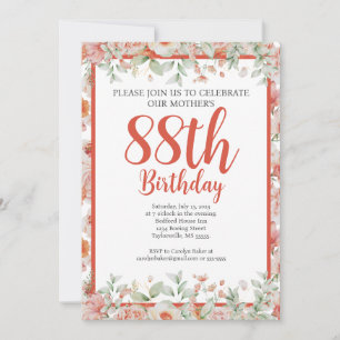 Feminine Watercolor Floral 88th Birthday Party Invitation
