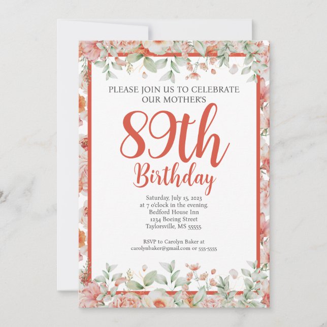 Feminine Watercolor Floral 89th Birthday Party Invitation (Front)