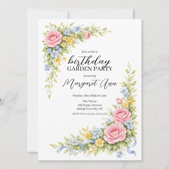 Feminine watercolor Floral Birthday Garden Party Invitation (Front)