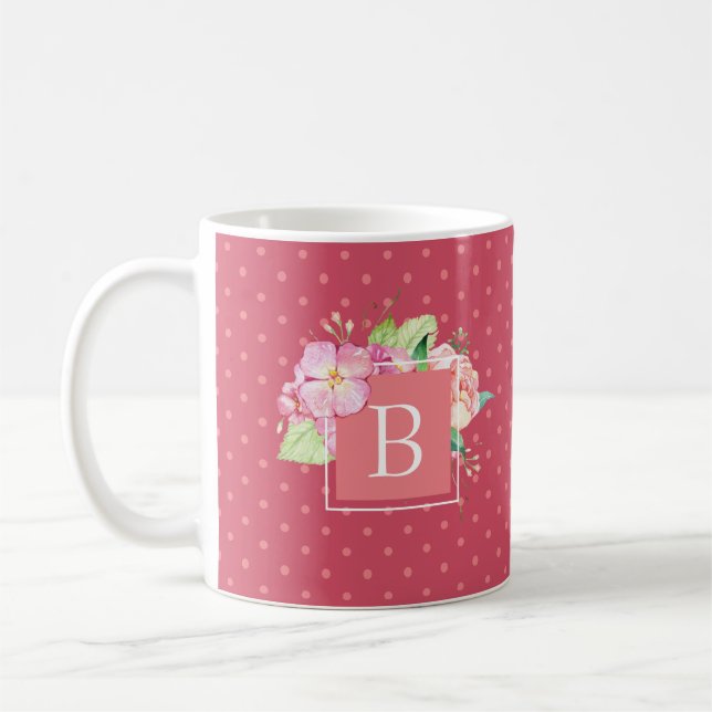 Feminine Watercolor Floral Monogram Initial Pink Coffee Mug (Left)