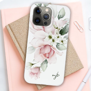 Feminine Watercolor Floral with Monogra Initials iPhone 14 Pro Max Case