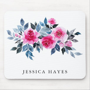 Feminine Watercolor Floral With Your Name Mouse Mat