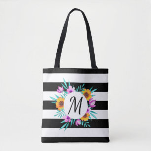 Feminine Watercolor Floral Wreath Custom Monogram Tote Bag