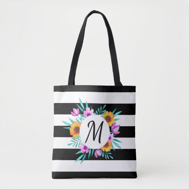 Feminine Watercolor Floral Wreath Custom Monogram Tote Bag (Front)