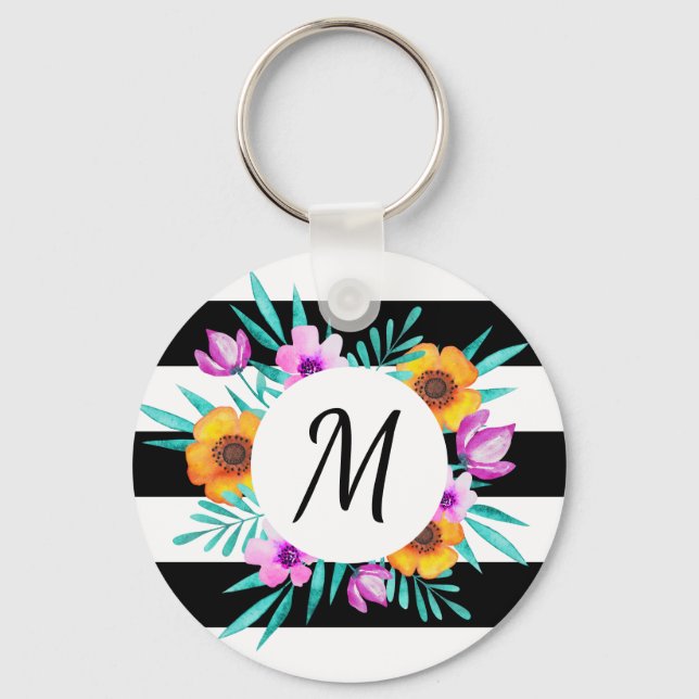 Feminine Watercolor Flowers Custom Monogram Key Ring (Front)
