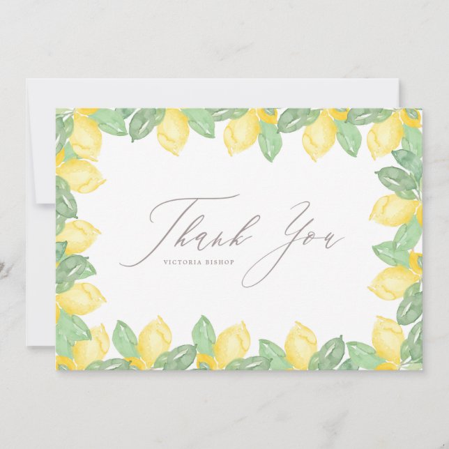 Feminine Watercolor Lemon Frame Wedding Thank You Card (Front)