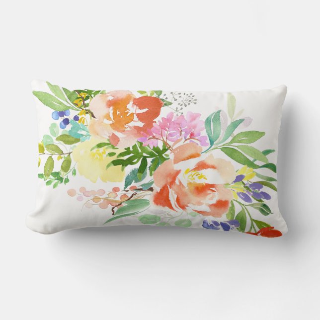 Feminine Watercolor Peach Peonies  | Floral Lumbar Cushion (Front)