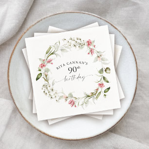 Feminine Watercolor Pink Floral 90th Birthday Napkin