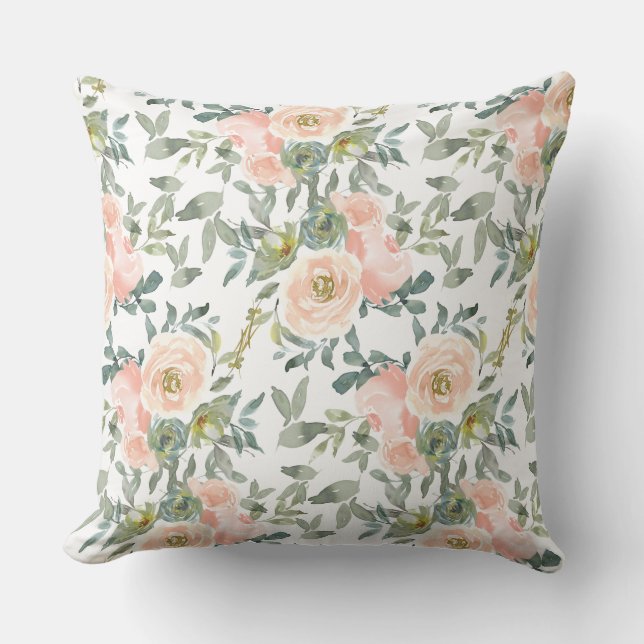 Feminine Watercolor Pink Flowers Throw Pillow (Front)