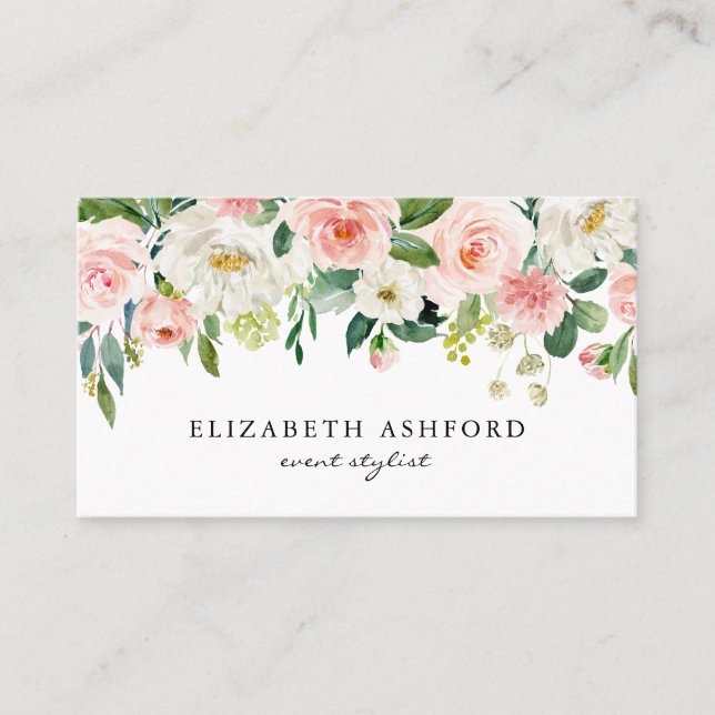 Feminine Watercolor Pink Peach Floral Garland Business Card (Front)