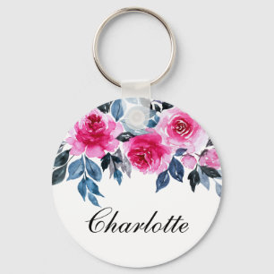 Feminine Watercolor Pink Roses Personalised Key Ring