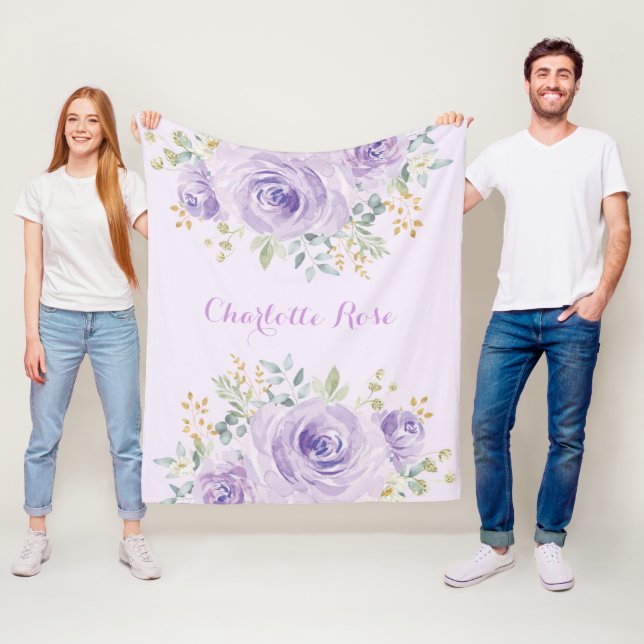 Feminine Watercolor Purple Roses Baby Girl Nursery Fleece Blanket (In Situ)