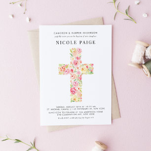 Feminine Watercolor Spring Floral Cross Baptism Invitation