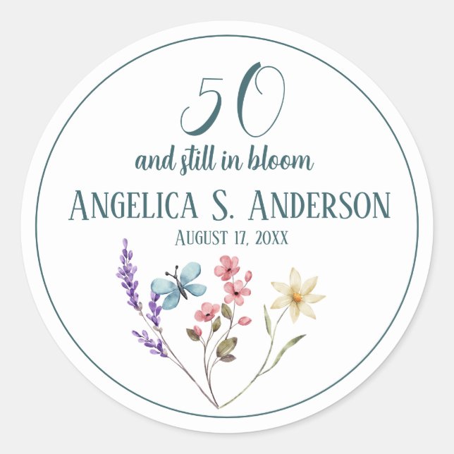 Feminine Watercolor Wildflowers Butterfly  Classic Round Sticker (Front)