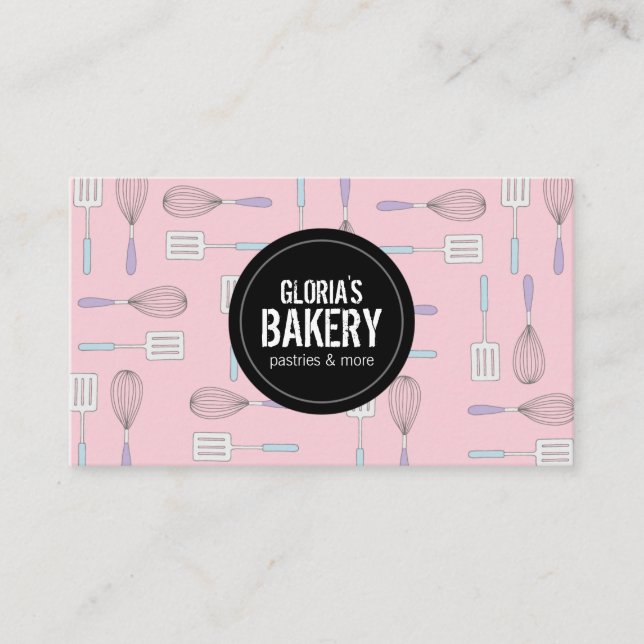 Feminine Whimsical Whisk Spatula Bakery Business Card (Front)