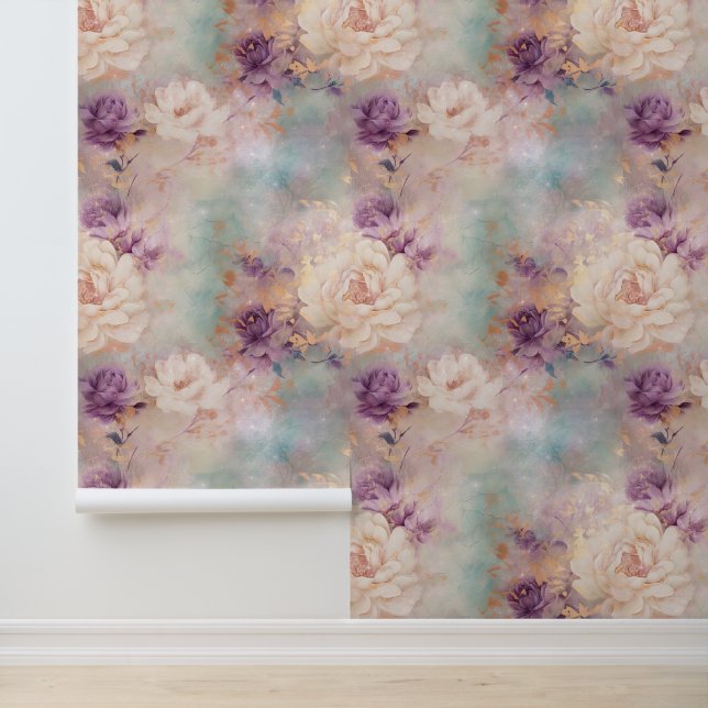 Feminine White Blue Purple Floral Wallpaper (Application)