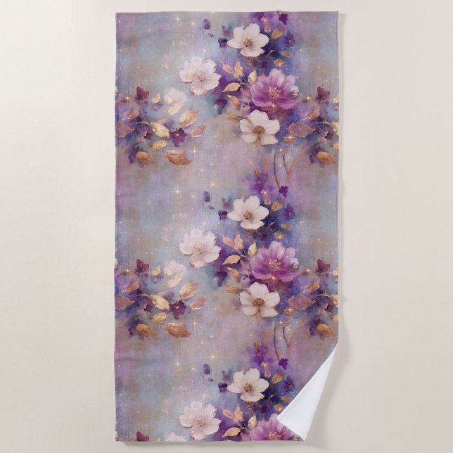 Feminine White Glam Gold Purple Floral Beach Towel (Front)