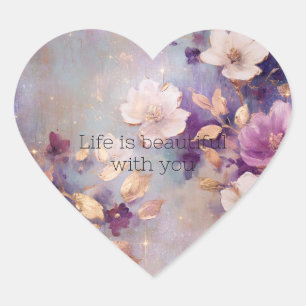 Feminine White Glam Gold Purple Floral Heart Sticker