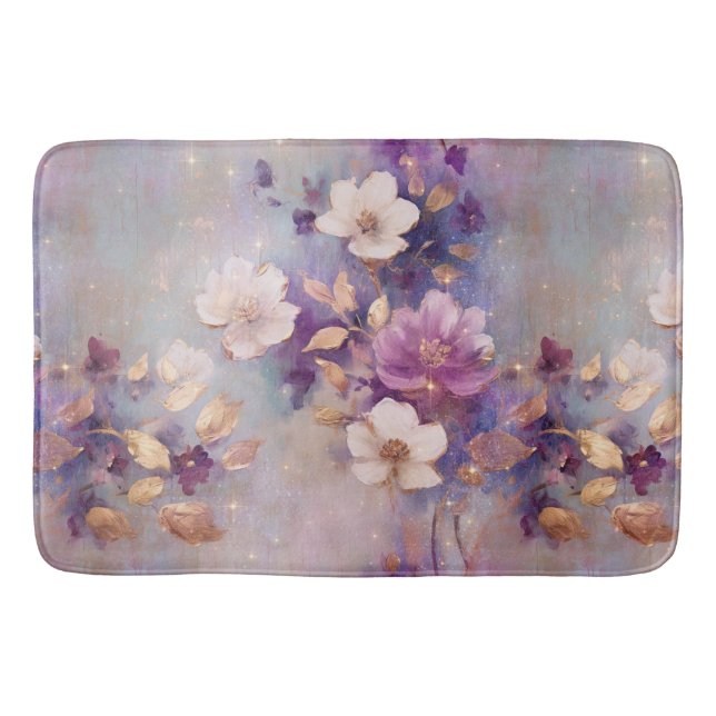 Feminine White Gold Purple Flowers Bath Mat (Front)
