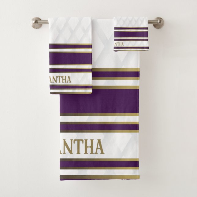 Feminine White Purple And Gold Stripes Name Bath Towel Set (Insitu)