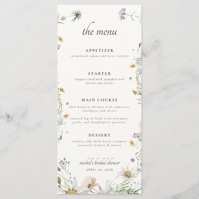 Feminine Wildflower Bridal Shower Menu (Front)