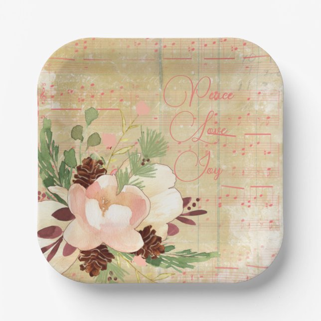 Feminine Winter Bouquet in Blush Pink Christmas Paper Plate (Front)