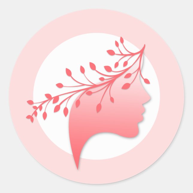Feminine Woman Silhouette Logo Coral and Pink Classic Round Sticker (Front)