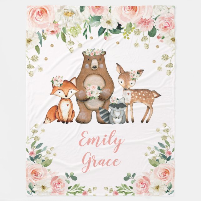 Feminine Woodland Animals / Forest Blush Floral Fleece Blanket (Front)