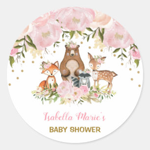 Feminine Woodland Baby Shower Blush Floral Favours Classic Round Sticker