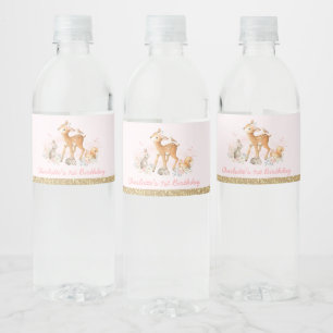 Feminine Woodland Blush Gold Floral Birthday Party Water Bottle Label