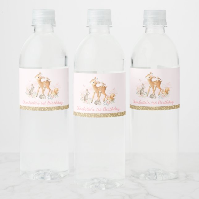 Feminine Woodland Blush Gold Floral Birthday Party Water Bottle Label (Bottles)