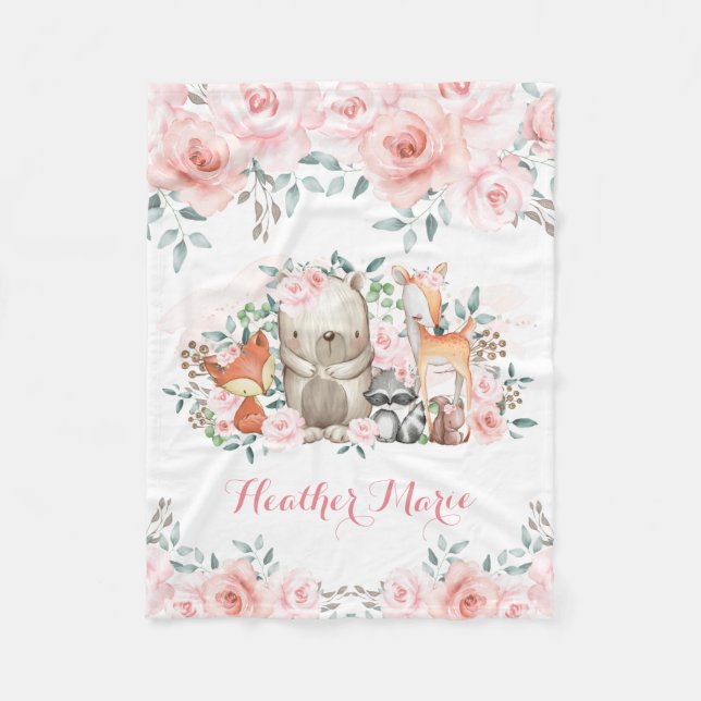 Feminine Woodland Pink Floral Roses Girl Nursery Fleece Blanket (Front)