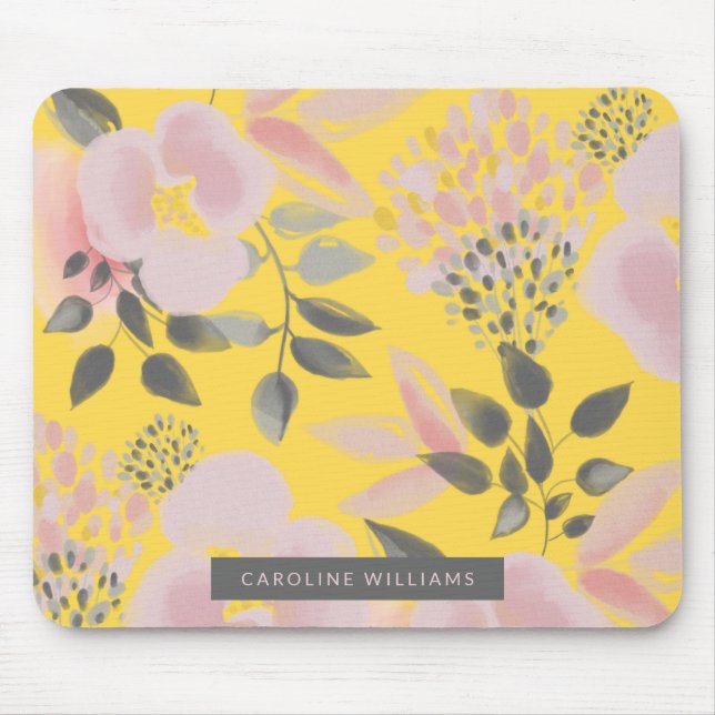 Feminine Yellow Pink Grey Floral with Your Name Mouse Mat (Front)