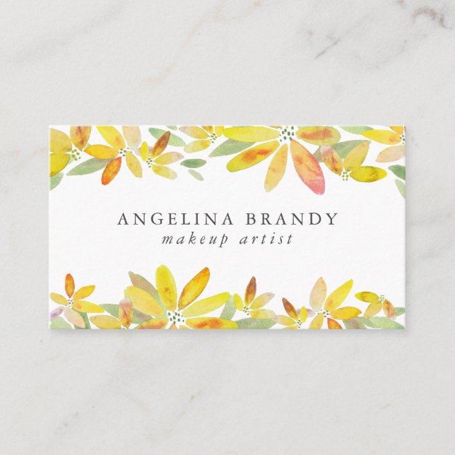 Feminine Yellow Watercolor Florals Business Card (Front)