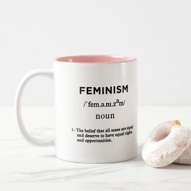 feminism definition Two-Tone coffee mug (With Donut)