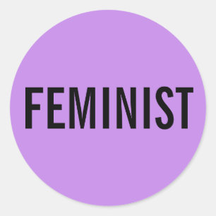 Feminist, bold black text on lavender stickers