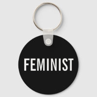 Feminist, bold white text on black keychain