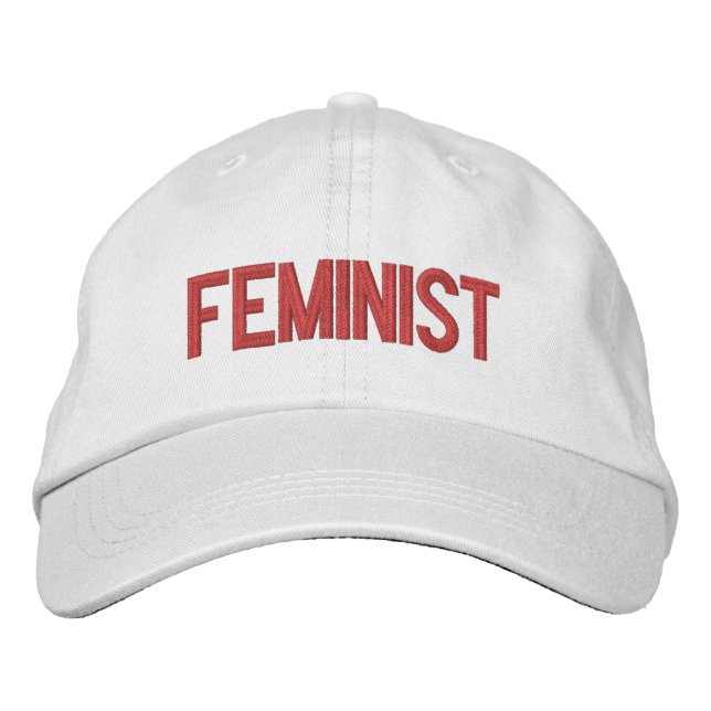 Feminist fuchsia hot pink white embroidered hat (Front)