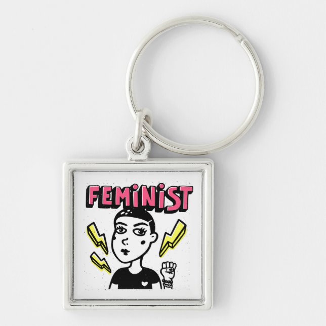 Feminist Pop Art Girl Key Ring (Front)