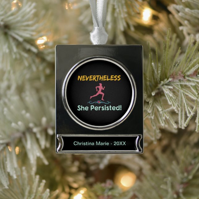 Feminist Runner Nevertheless She Persisted Silver Plated Banner Ornament (Tree)