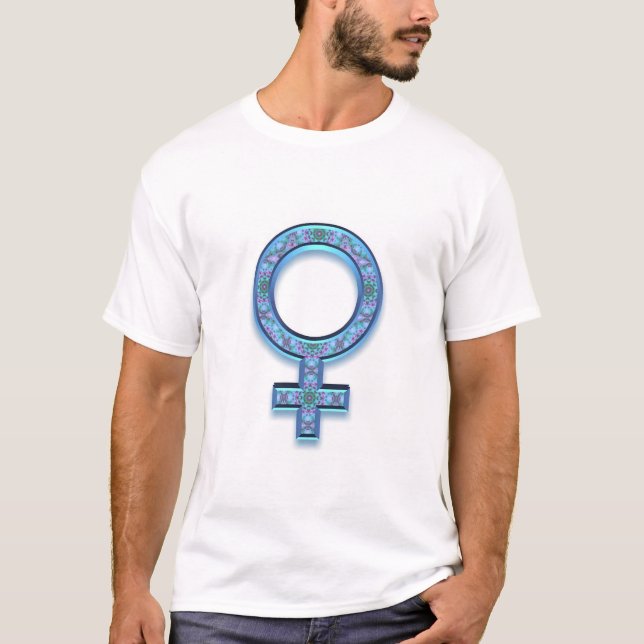 Feminist T-Shirt: Feminist Symbol, Blue Patterned T-Shirt (Front)