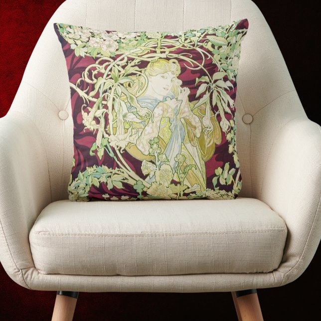 Femme à marguerite - Mucha daisy textile repro Cushion (Creator Uploaded)